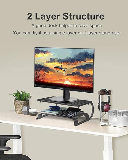 suptek Double-Deck Desk Monitor Stand Riser for Computer,Laptop,Printer, Notebook and All Flat Screen Display with Vented Metal Platform and 4 Inches Height Underneath Storage (MST002)