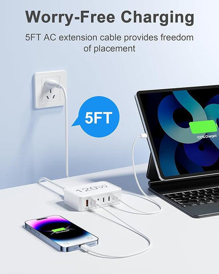Otovoda 120W USB C Charger Block, 6 Port USB Charging Station for Multiple Devices, 5FT Desktop Multi Charging Hub Compatible with iPhone Samsung ipad, for Travel Home Office