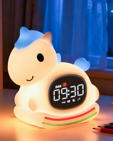 Alarm Clock with Night Light for Kids with Sleep Training and Sound Machine, Rechargeable Silicone Lamp OK to Wake Clock，Cute Animal Tabletop Lamp, Perfect Sleep Companion for Boys Girls，Blue Pony