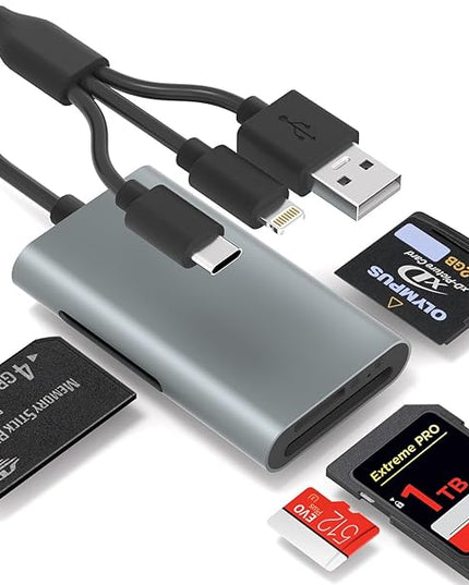 Memory Stick Pro Duo Adapter - 4 in 1 Memory Card Reader for SD/Micro SD/MS/xD-Picture-Card, SD Card Reader for iPhone 17/16/15/14/Android/PC with Lightning/USB-C/USB-A Port Digital Camera Adapter