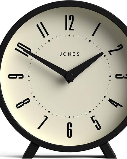 JONES CLOCKS® Venus Desk Clock | Modern Round Design | Black | Stylish Retro Look for Shelf, Table, Mantel or Bedside