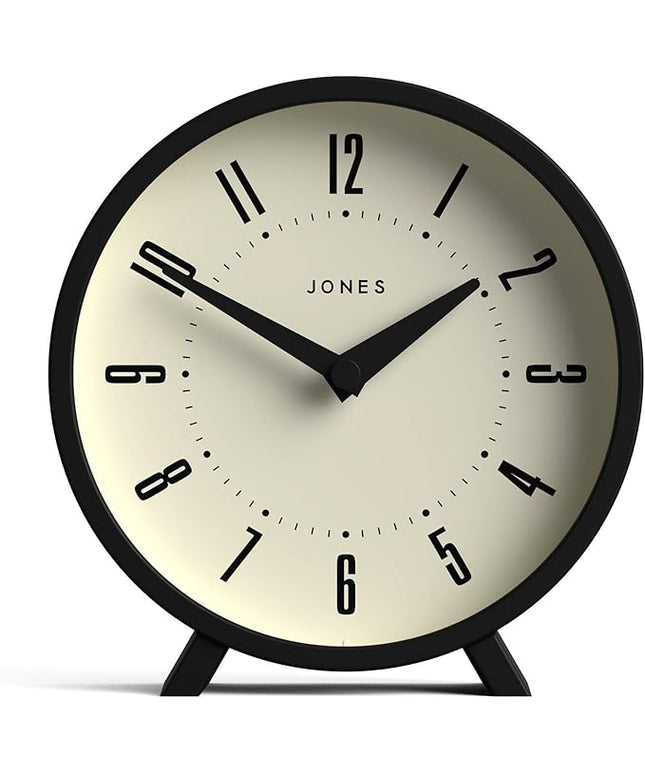 JONES CLOCKS® Venus Desk Clock | Modern Round Design | Black | Stylish Retro Look for Shelf, Table, Mantel or Bedside