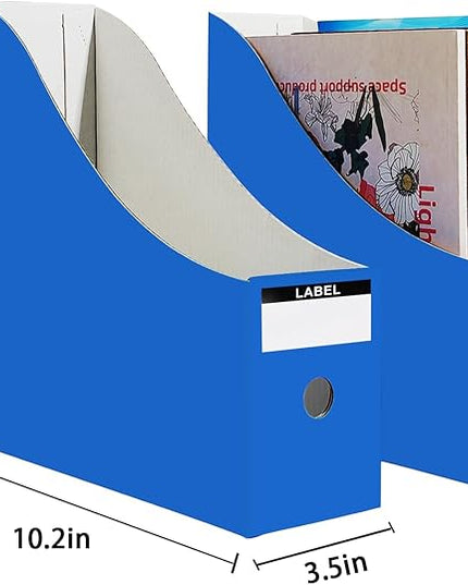 Limitliho 2 Pack Cardboard Magazine File Holder for Desktop ，Blue Book Bins for Classroom Library, Office or Home, Vertical Paper Boxes for Storage with Label(10.6" H x 10.2" L x 3.5" W in)