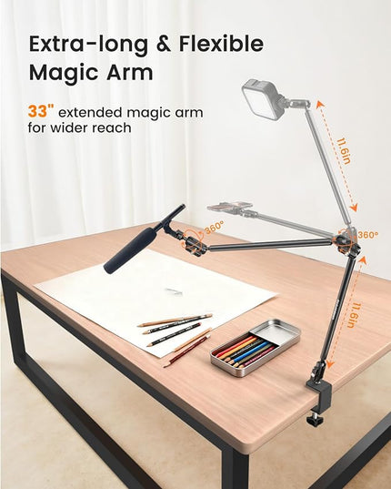 CAMBOFOTO 33" Magic Arm w Desk Clamp, Overhead Camera Mount, Desk Phone Mount, Articulating Extra-Long Friction Boom Arm w 1/4" Screw, for Phone, Mic, Light, Webcams, Action Camera (Light Black)
