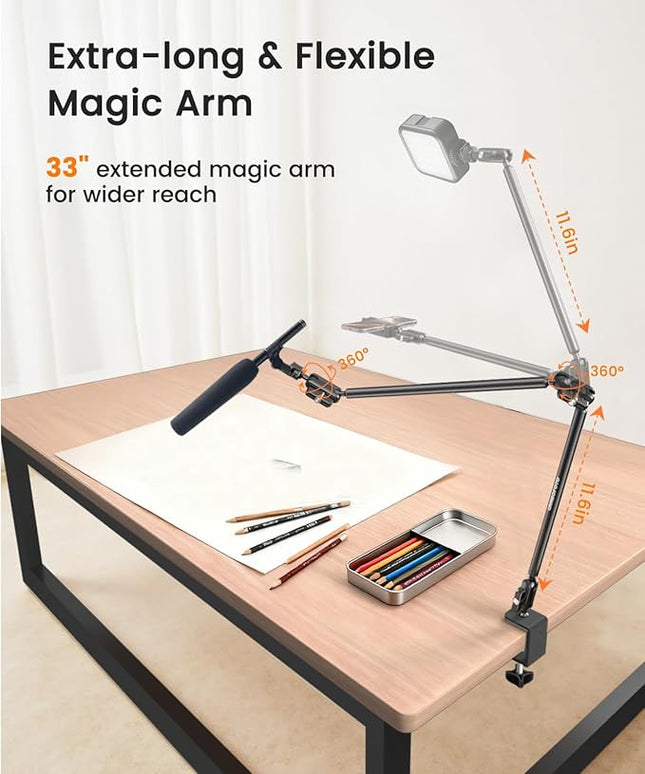 CAMBOFOTO 33" Magic Arm w Desk Clamp, Overhead Camera Mount, Desk Phone Mount, Articulating Extra-Long Friction Boom Arm w 1/4" Screw, for Phone, Mic, Light, Webcams, Action Camera (Light Black)