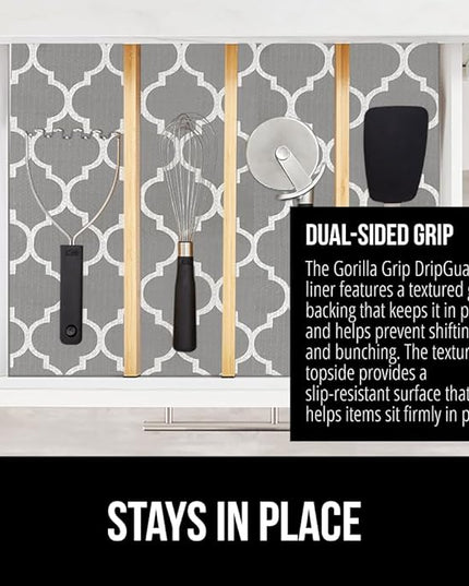 GORILLA GRIP DripGuard Shelf Liner, Non Adhesive Drawer and Kitchen Cabinet Protector, Slip Resistant BPA Free Smooth Surface Plastic Liners for Cabinets, Bathrooms, Closets, 17.5x120 Inch, White Gray