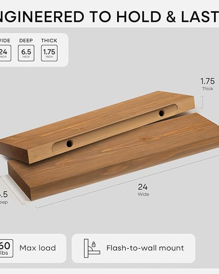 Homeforia 24 inch Golden Oak Floating Shelf, High End Solid Real Wood 24inch Small Floating Shelves for Wall Mounted, Oak Wooden 24in Floating Shelves, Heavy Duty Bracket, 24 X 6.5 X 1.75 in, Set of 4