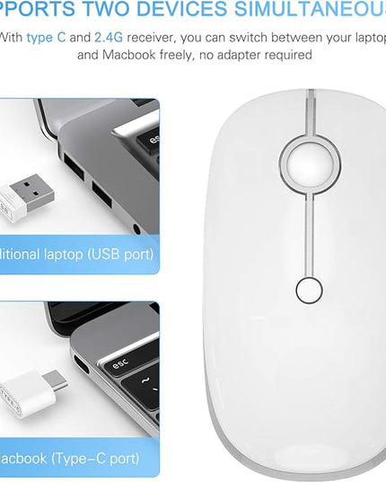 VssoPlor Type C Wireless Mouse, Dual Mode 2.4G Wireless Mouse USB C Cordless Mice with Nano USB and Type C Receiver Compatible with PC, Laptop, MacBook and All Type C Devices-White Silver