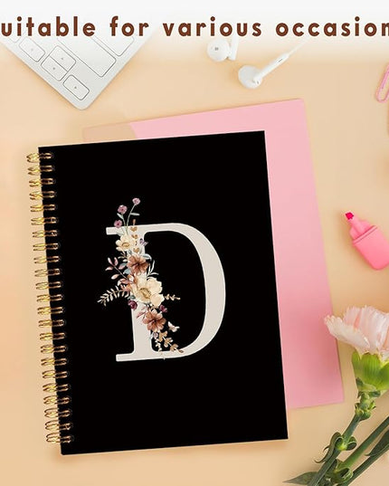 Lacama Black Initial Letter D School Notebook Journal, Aesthetic Wildflower Personalized Spiral Notebook, School Supplies, Customized Monogrammed Gifts, Birthday Gifts for Women, Office Supplies