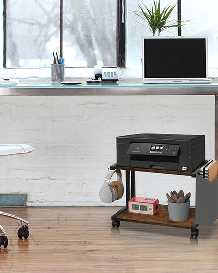 VEDECASA 2 Tier Rustic Brown Wooden Under Desk Printer Stand with Storage Bag for Home Office Desktop Printer Table Organizer Mobile Printer Shelf Cart with Caster Wheel