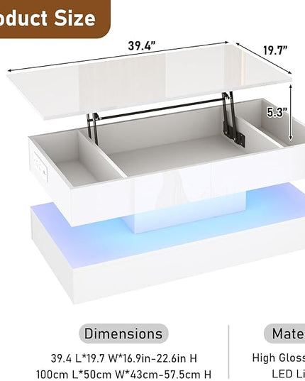 39.4" Large Lift Top Coffee Table,Modern High Glossy LED Coffee Tables for Living Room with Storage,Black Living Room Tables for Living Rooms,Dining Room,Bedroom Home Office,APP LED Lights（White）