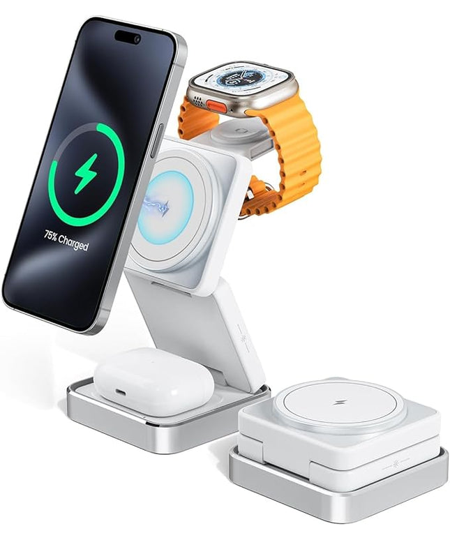 3-in-1 Wireless Charger for iPhone,15W Fast Wireless Charging Station Compatible with Mag-Safe Charger,Magnetic Foldable Travel Charger Stand Nightstand for iPhone 17/16/15/14/13,Apple Watch&AirPods