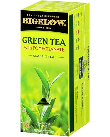Bigelow Tea Green Tea with Pomegranate 28-Count Box (Pack of 1) Premium Green Tea with Pomegranate Rosehips Hibiscus Antioxidant-Rich All Natural Medium-Caffeine Tea in Foil-Wrapped Bags