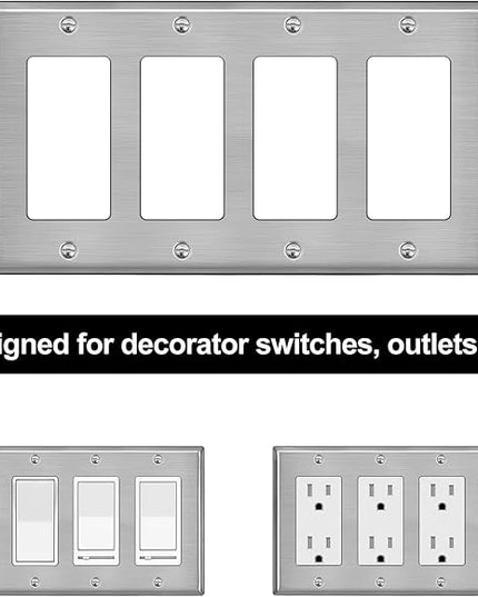 [2 Pack] BESTTEN 4-Gang Decor Metal Wall Plate with Ｗhite or Clear Plastic Film, Stainless Steel Outlet Cover, H4.53" x W8.23", Standard Size