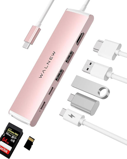 WALNEW 7 in 1 USB-C Hub with 4K HDMI,100W PD,5Gbps Data Port(1 Type-C & 2 USB 3.0),SD/TF Reader, Thunderbolt 4 Dock Multiport Adapter for MacBook Pro Air,Mac,iPad 10/Mini 6,Surface (Pink)