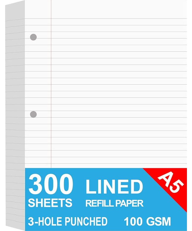 (3-Pack) A5 Filler Paper, 3 Hole Planner Refills, Organizer, Loose-leaf Binder Paper, Total 300 Sheets/600 Pages, Lined, 100gsm, White, 5.8 x 8.2 Inch, 3 Hole Filler Paper, Mini Binder Refill Inserts