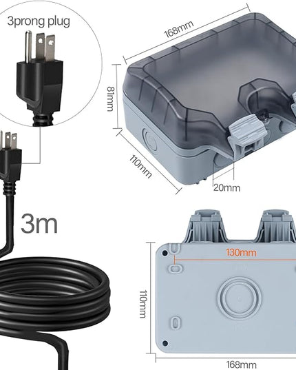 Outdoor Power Outlet Box with 9.8Ft Extension Cord, NEMA 5-15R, STW 14 AWG, Weatherproof Waterproof IP66 Electrical Outlet Extender, Exterior Wall Power Socket w/Cover for Garden