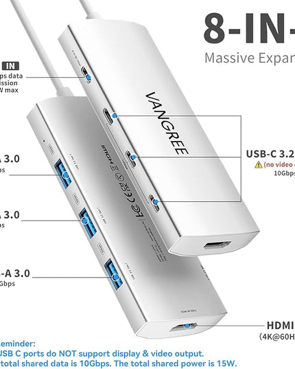 USB C Hub 8 in 1 Multiport Adapter, 3 USB 3.2 Gen 2 Ports with 10Gbps, 3 USB-A 3.0 5Gbps, 4K@60Hz HDMI, 100W PD, USBC Splitter for MacBook Pro, iPad Pro, Mac mini and More(Not Support USB-C Monitor)