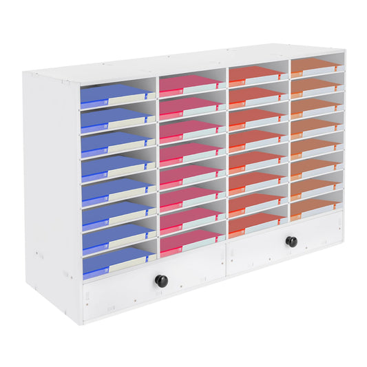 Literature Organizers, 32 Compartments Office Mailbox with Adjustable Shelves and 2 Drawers, Wood Literature Sorter 39.4*12*25.2in inches for Office, Classroom, Mailrooms Organization (White)