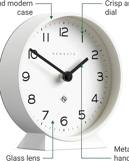NEWGATE® M Mantel Echo Desk Clock | Modern Round Design | White | Easy to Read Numbers | Contemporary Style for Desk, Table, Shelf or Bedside