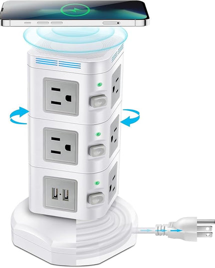 Power Strips Surge Protector 1800J, ODOM Power Strip Tower with 15W Wireless Charger, 13A,4 USB Ports + 10 AC Outlets + 6 Ft Retractable Extension Cord,Plug Outlet Charging Tower for Home Office