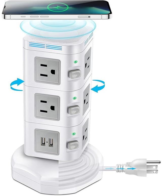 Power Strips Surge Protector 1800J, ODOM Power Strip Tower with 15W Wireless Charger, 13A,4 USB Ports + 10 AC Outlets + 6 Ft Retractable Extension Cord,Plug Outlet Charging Tower for Home Office