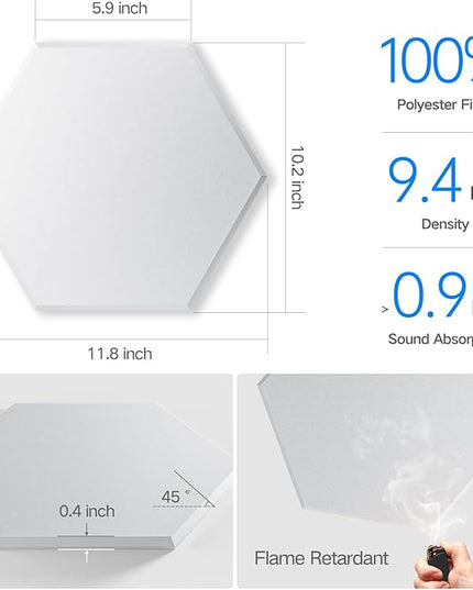18 Pack Self-Adhesive Acoustic Panels 12" X 10" X 0.4" - Sound Proof Foam Panels for Wall with High Density, Hexagon Design, Flame Resistant, Absorb Noise and Eliminate Echoes(White)