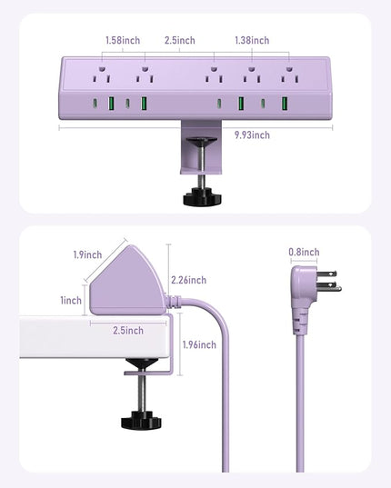 Jgstkcity Desk Clamp Power Strip, 45W Fast Charging Station,4 USB-C, 4 USB-A,1200J Surge Protector,ETL Listed,1875W Extension Cord,Multiple Outlets for Home, Office (Purple, 6 FT Cable)