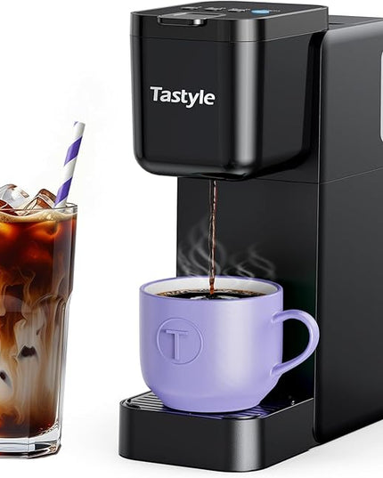 Single Serve Coffee Maker Hot and Iced with Bold Brew, Small Coffee Machine for K Cup and Ground, Fits 7.3'' Travel Mug, Brews up to 16 Oz, 5 Cup Sizes, for Office, RV& Hotel, Elegant Black