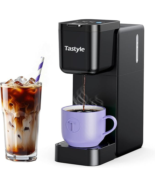 Single Serve Coffee Maker Hot and Iced with Bold Brew, Small Coffee Machine for K Cup and Ground, Fits 7.3'' Travel Mug, Brews up to 16 Oz, 5 Cup Sizes, for Office, RV& Hotel, Elegant Black