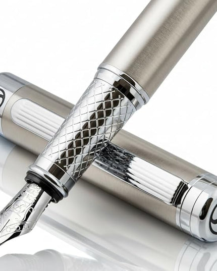 Scriveiner Stainless Steel Fountain Pen - Stunning Luxury Pen with Steel Finish, Schmidt Steel Nib (Fine), Best Pen Gift Set for Men & Women, Professional, Executive Office, Nice Designer Pens