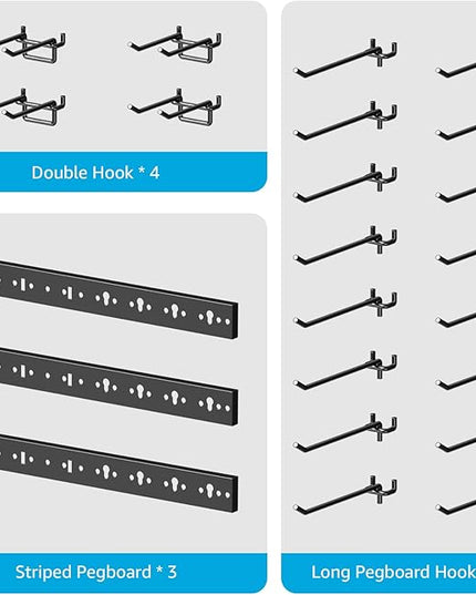 CCCEI 3 Modular Pegboard Strip Storage, Metal Peg Slat Wall Mount for Garage, Basement, Garden, Laundry Room Organization. Flexible Tool Organizer for Rake, Shovels, Crafting. Gifts for Men, Black.
