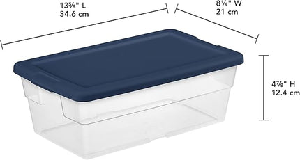 Sterilite Stackable 6 Quart Clear Home Storage Box with Handles and Blue Lid for Efficient, Space Saving Household Storage and Organization (30 Pack)