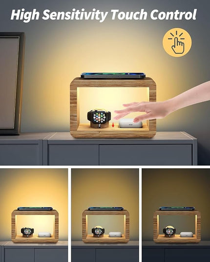Bamboo Wireless Charging Station 4-in-1 Wireless Charger with Nightlght, Compatible with iPhone 17/16/15/14/13/12 Pro Max/X/Xs Max/8, AirPods 4/3/ & AirPods Pro3/2/1, Apple Watch Series