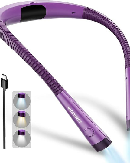 Glocusent Book Light, 3-Color & 6-Brightness Reading Light, Bendable Neck Light, 80-hr Lasting Rechargeable Book Light, Perfect Reading Lights for Books in Bed, Knitting, Repairing, Book Lovers Gifts