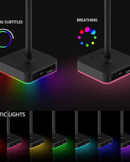 KAFRI RGB Dual Headphone Stand with USB C Charger Desk Gaming Double Headset Holder Hanger Rack with 3 USB Charging Port and 2 Outlet - Suitable for Gamer Desktop Table Game Earphone Accessories Gift
