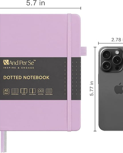 &And Per Se Dotted Journal Notebook, A5 Hardcover Leather Bullet Dotted Journal, 160 Pages 100 gsm Thick Paper, 3 Sheets of Stickers Included- 5.7'' x 8'' (Light lavender)