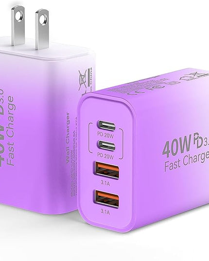USB C Wall Fast Charger Block, 40W 4-Port Type C Chargers Fast Charging Blocks PD Power Charger Adapter+QC 3.0 USB Multiport Charger Brick for Phone 17/16/15/14/13/12 Pro Max, i-Pad, Galaxy S25-2Pack