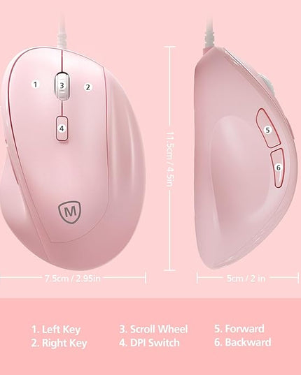 Micropack Ergonomic Mouse Wired for Laptop, PC Computer and Desktop, Ergo Mouse Vertical with Silent Clicks, Up to 3200 DPI Adjustable Mouse Sensitivity, Pink