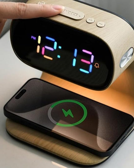 AYI 3in1 Multi-Functional Wireless Charging Alarm Clock Smart Night Light Qi Charger LED Digital Clock Adjustable Light 15W Fast Wireless Charging for All Qi Phone and TWS Headphone Pro Wood Color