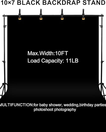 10x7ft Adjustable Photography Backdrop Stand Kit – Photo Studio Background Support with 4 Crossbars, 4 Clamps, 2 Sandbags (with 10 * 7 Feet Black Backdrop Curtain)