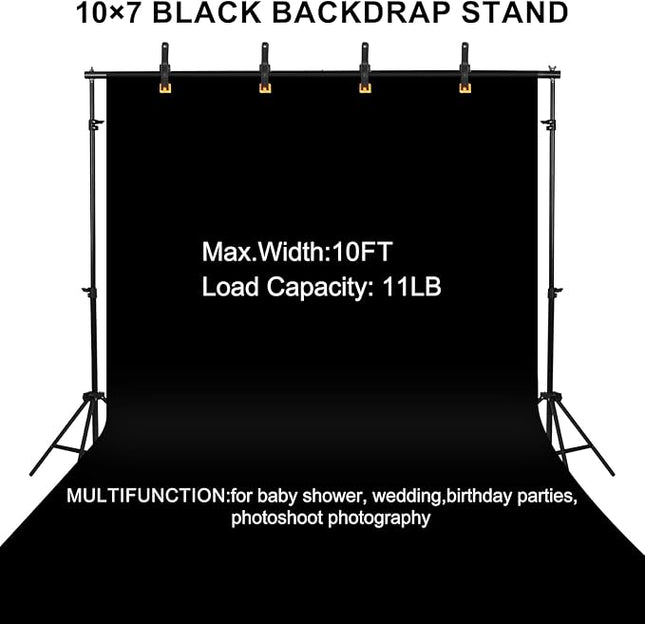 10x7ft Adjustable Photography Backdrop Stand Kit – Photo Studio Background Support with 4 Crossbars, 4 Clamps, 2 Sandbags (with 10 * 7 Feet Black Backdrop Curtain)