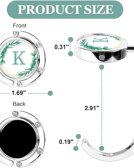 XSUIOY 3Pcs Personalized Initial Foldable Purse Hook for Table,Crushed Flower Letters Folding Purse Hanger,Purse Holder Handbag Hanger Collection Desk Table Bag Hooks Gifts for Women Bag(Green-K)