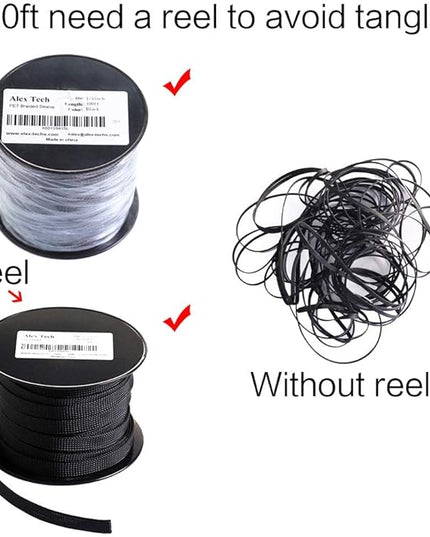 100ft - 3/8 inch PET Expandable Braided Sleeving – Black – Alex Tech Braided Cable Sleeve