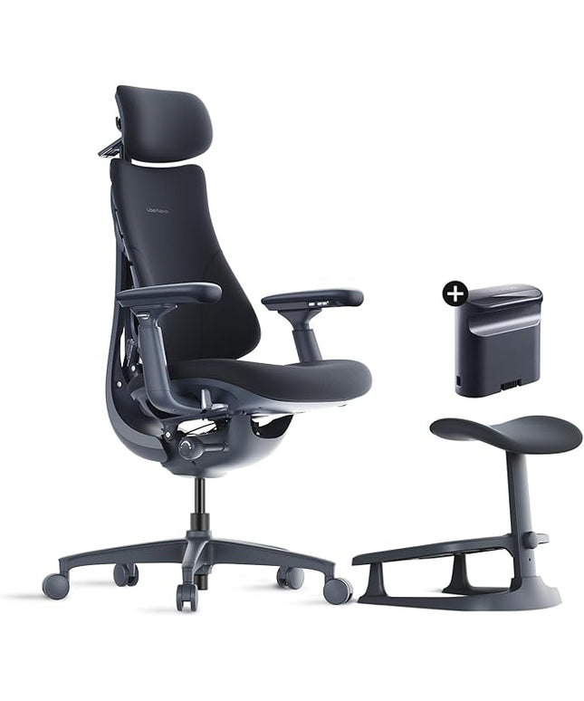 LiberNovo Dynamic Ergonomic Desk Chair + StepSync Footrest + Extra Battery Bundle - Comfy Home Office Chair with Adaptive Lumbar Support, 160° Recline & Built-in Spine Stretch, Black+48cm