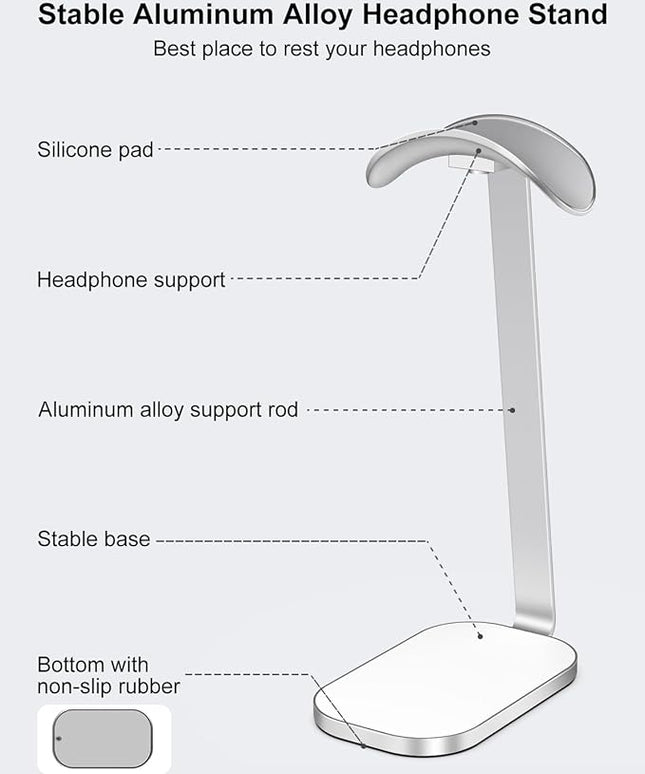 VICHYIE Headphone Stand for AirPods Max, Headset Holder with Aluminum Supporting Rod, Heavy Base Desk Stand Headphones Support Accessory for All Headphones - Silver White