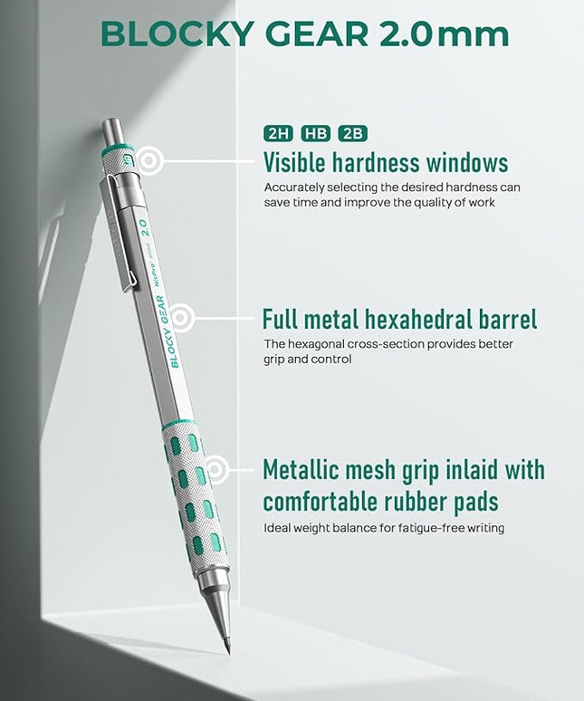 Nicpro 3 Pack Blocky Gear 2.0 mm Metal Mechanical Pencils Set with Case, Drafting Pencil with 13 Tubes 2mm Lead Refills (HB 2B 2H 4B 4H 6B & Colors), Erasers for Carpenter Writing Drawing