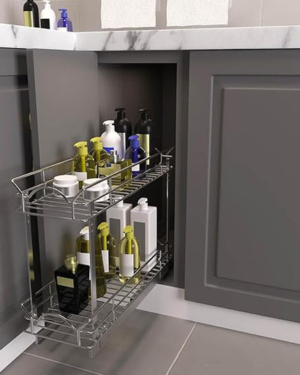 OCG Slide Out Cabinet Organizer for Narrow Cabinet (5" W X 17" D), 2 Tier Pull Out Shelves Slim Sliding Cabinet Organizer and Storage, Chrome