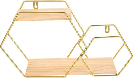 Hexagonal Wall Floating Shelf Metal and Wood Wall Shelves Gold Decorative Storage Rack for Bedroom Living Room Display and Home Organization