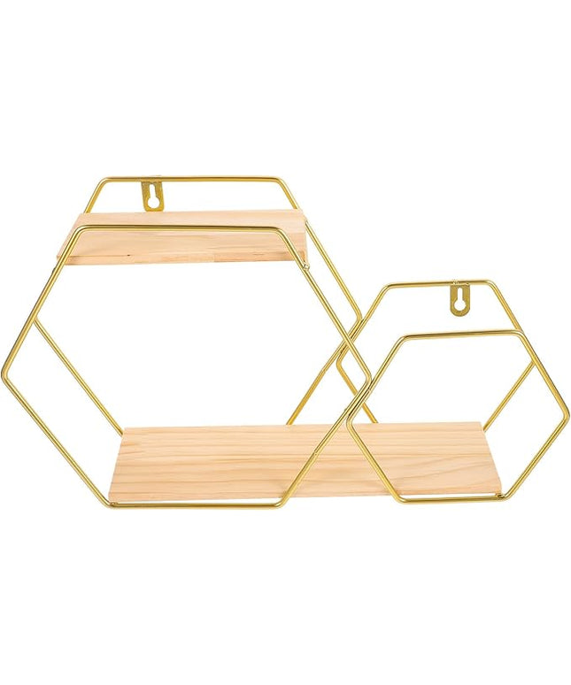 Hexagonal Wall Floating Shelf Metal and Wood Wall Shelves Gold Decorative Storage Rack for Bedroom Living Room Display and Home Organization